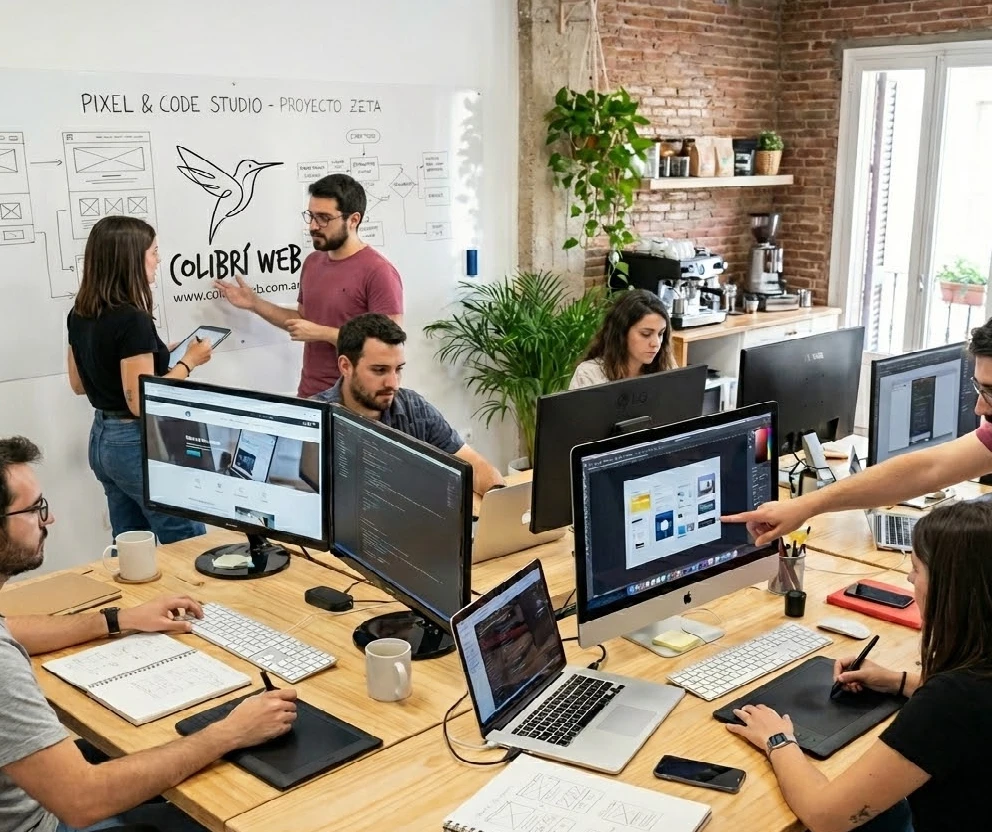 Estudio de diseño con muestras de impresiones y textiles